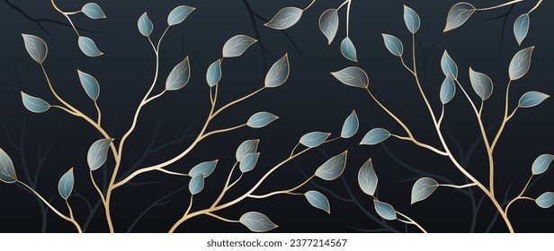 Luxurious wallpaper in art deco style with gilding. Vector art of nature and botany background. Foliage pattern with lines of plants on a dark background for printing, cards, decor, prints.	