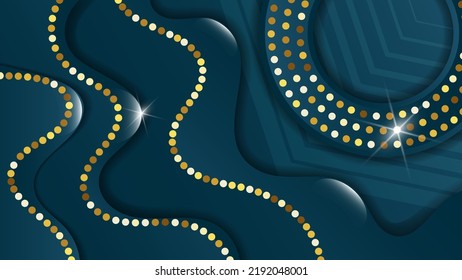 Luxurious wallpaper in azure gold tones. Overlapping abstract wavy shapes and gold trim ring. Vector.