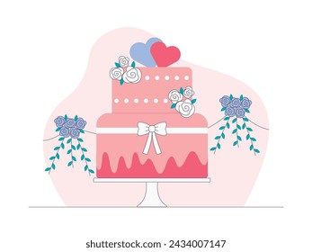 Torta de boda de lujo con hermosas decoraciones, ilustración vectorial.