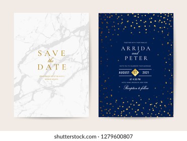 Luxurious Wedding invitation cards with marble and Golden texture background Vector.