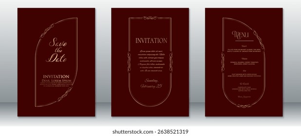 Luxurious wedding invitation set featuring a rich burgundy red background with classic gold flourishes. Includes Save the Date, main invitation, and menu card templates