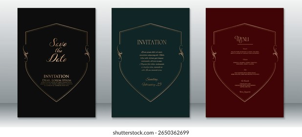 Luxurious wedding invitation set with Save the Date, Invitation, and Menu cards. Features a sharp-pointed shield frame in gold line art on rich dark backgrounds including black, green, and deep red.