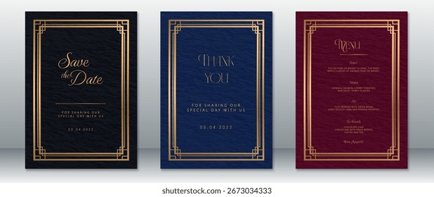 Luxuriöse Hochzeits-Einladungs-Suite mit schwarzen, marineblauen und bordeauxfarbenen Karten mit goldenen Art-Deco-Rahmen. Beinhaltet das Datum speichern, Dankeschön-Karte und Abendmenü.