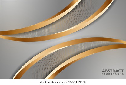 Luxurious white background with golden lines and circular glowing golden dots combinations. Overlap modern background