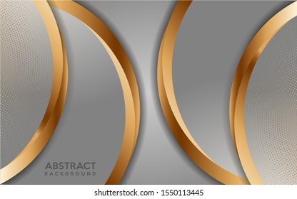 Luxurious white background with golden lines and circular glowing golden dots combinations. Overlap modern background