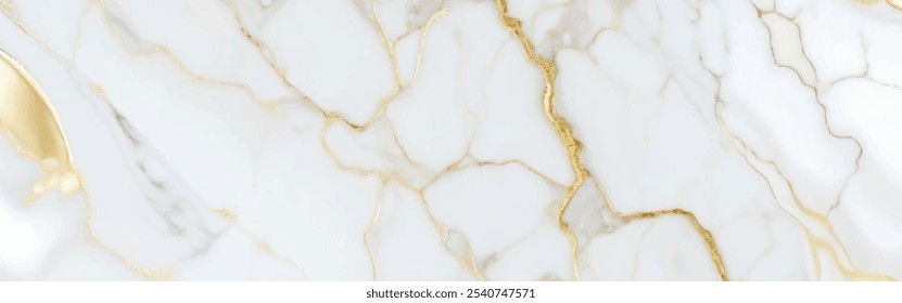 Luxuoso branco Carrara estatuárias fundo de textura de mármore. Calacatta mármore brilhante com listras douradas. Vetor de fundo de textura de mármore branco de luxo. Projeto de textura marmoreada panorâmica.