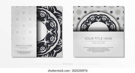 Luxurious White color postcard template with abstract ornament. Print-ready invitation design with mandala patterns.