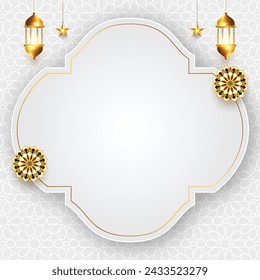 luxurious white frame Islamic ramadan kareem eid mubarak arabic background banner design illustration. Translation. "Muslim fasting month and celebration day after fasting."