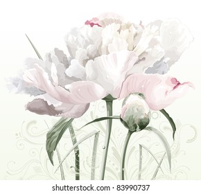 Luxurious white peony flower painted in pastel colors with bud and floral pattern