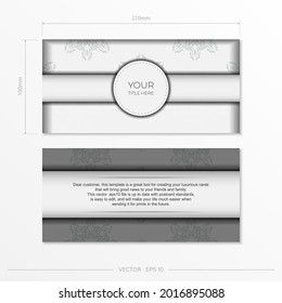 Luxurious white rectangular invitation card template with vintage indian ornaments. Elegant and classic elements ready for print and typography. Vector illustration.