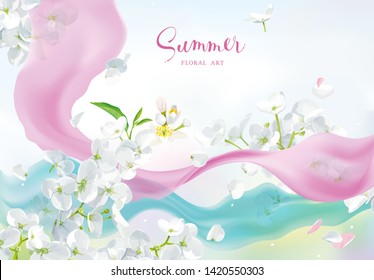 Luxurious white vector Hydrangea flower and Apple blossom with flying petals and silk ribbons under the water drawing in watercolor style for seasonal events and sales