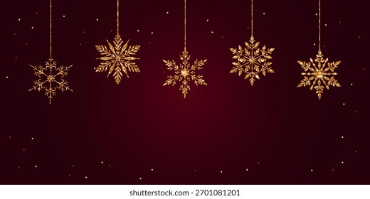 A luxurious winter holiday design featuring five sparkling golden snowflakes hanging against a deep rich burgundy background scattered with glowing dots Perfect for elegant Christmas New Year greeting