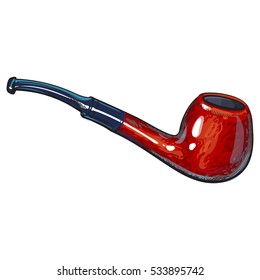 Luxurious wooden varnished tobacco smoking pipe, sketch vector illustration isolated on white background. Realistic hand-drawing of retro style wooden smoking pipe