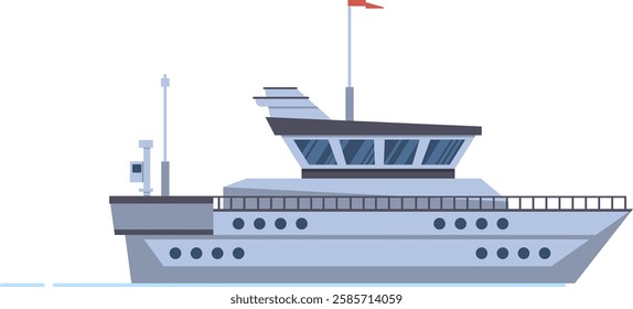 Luxurious yacht sailing on calm water, featuring a modern design, a raised deck, large windows, and a prominent red flag waving in the wind, symbolizing freedom and adventure