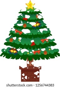 Luxuriously decorated Christmas tree with snow