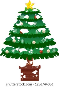 Luxuriously decorated Christmas tree with snow