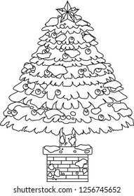 Luxuriously decorated Christmas tree with snow outline