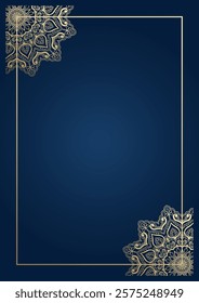 A luxuriously decorated golden frame on a dark background. Navy blue background.