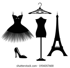 luxuriuos Paris haute couture fashion atelier design set with vector silhouettes of little black dress and eiffel tower