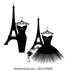 luxuriuos Paris haute couture fashion atelier vector silhouette set with little black dress and eiffel tower