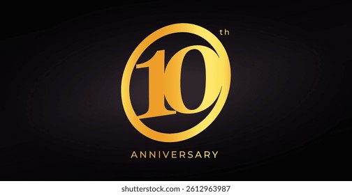 Luxury 10th Anniversary Logo Design With Elegant Golden Number On Dark Background. Perfect For Celebration, Event, Corporate Milestone Or Party Invitation. Vector Illustration.