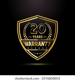 Luxury 20 years warranty with golden shield shape. for label, seal, stamp, icon, logo, badge