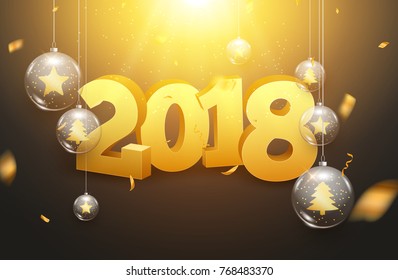 Luxury 2018 new year light background decoration holiday greeting card. Glass xmas balls decoration background with confetti.