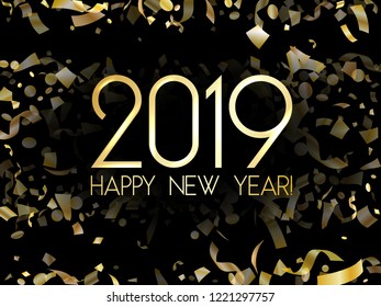 Luxury 2019 Happy New Year card with gold confetti. Foil texture gold glitter confetti sparkles backdrop, 2019 greeting card, banner or party poster template with wishes of happiness in New Year.