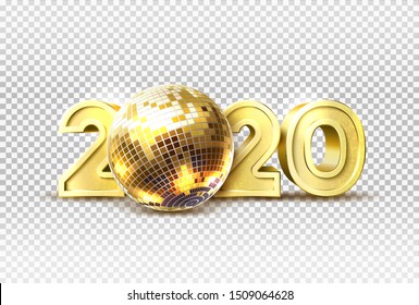 Luxury 2020 new year party poster. Realistic disco ball, 3d golden numbers for traditional winter party club promotion element on transparent background. Vector winter holiday event flyer design.