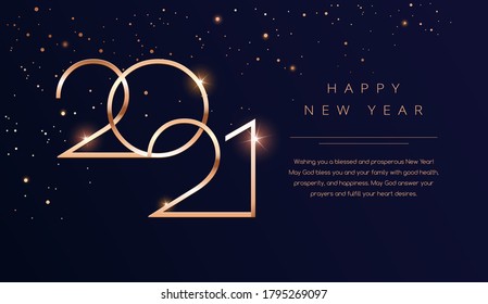 Luxury 2021 Happy New Year background. Golden design for Christmas and New Year 2021 greeting cards with New Year wishes of health and prosperity. Vector background in gold and dark blue black color