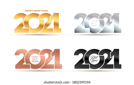 Luxury 2021 Happy New Year elegant design of golden, silver, rose, black logo numbers. Perfect typography for 2021 save the date designs and new year celebration invite. Isolated on white background.