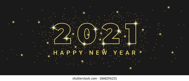 Luxury 2021 Happy New Year background. Holiday vector illustration golden metallic numbers 2021 and sparkling glitters. Outline of 2021 golden numbers with stars on black background.