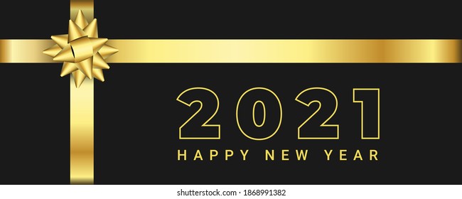 Luxury 2021 Happy New Year background. Holiday vector illustration golden metallic numbers 2021. Black background with gold ribbon decoration suitable for invitations, celebrations and greeting cards