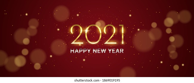 Luxury 2021 Happy New Year background. Blurry glitter particles on red background. Holiday vector illustration golden metallic numbers 2021 and sparkling glitters.