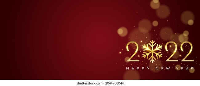 Luxury 2022 Happy New Year background. Blurry glitter particles on red background. Holiday vector illustration. Golden metallic numbers 2022 with shining snowflake and sparkling glitters.