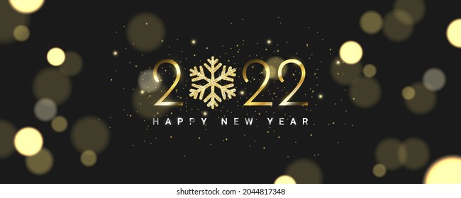 Luxury 2022 Happy New Year background. Blurry glitter particles on black background. Holiday vector illustration. Golden metallic numbers 2022 with shining snowflake and sparkling glitters.