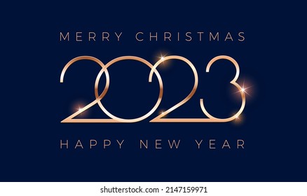 Luxury 2023 Happy New Year Merry Christmas greeting card - golden shine 2023 lettering on dark blue background - vector