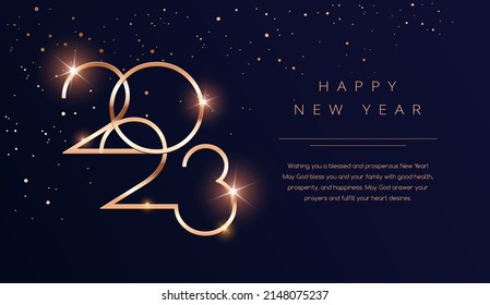 Luxury 2023 Happy New Year background. Golden design for Christmas and New Year 2023 greeting cards with New Year wishes of health and prosperity. Vector background in gold and dark blue color

