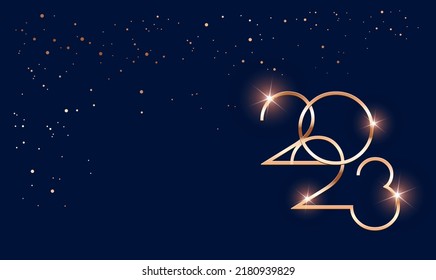 Luxury 2023 Happy New Year Merry Christmas greeting card - golden shine 2023 lettering on dark blue christmas confetti background - vector