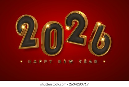 Luxury 2026 New Year Design With 3D Gold and Black Numbers on Red Background. Elegant Festive Style Perfect for Holiday Celebrations and Promotions. Vector Illustration.