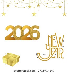 Ilustración vectorial de lujo del año Nuevo 2026 con números de brillo dorado, una caja de regalo de oro y elegantes guirnaldas de estrellas. Diseño de vacaciones de Premium para invitaciones y Anuncios de fiesta de alta gama.