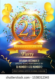 Luxury 21th-anniversary Award Logo Vector Design. Gold shapes, ribbon, confetti, ball on a blue mesh background. Gold luxury design. For web, poster, flyer, an invitation to a party.