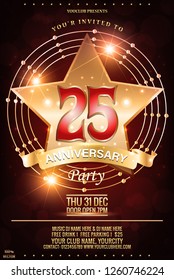 Luxury 25th anniversary Award Logo Vector Design. Gold star on a red black background. Gold laurel wreath. Vintage concept background, art template, retro elements, logo, labels, layout, badge.