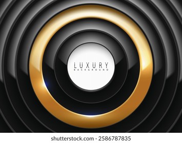 Luxury 3D abstract background with black concentric circles and golden accents. Elegant, modern design with a glossy effect, perfect for premium branding, VIP invitations, posters, and web templates