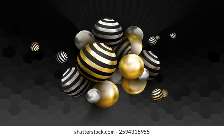 Luxury 3D abstract background with floating metallic spheres in gold, black, and silver colors. Striped and reflective balls with a hexagonal dark backdrop create an elegant modern design