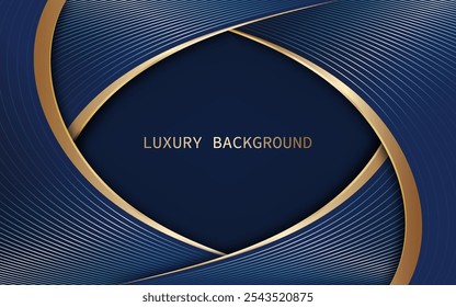 Fundo abstrato 3D de luxo com gradiente azul curvo e decoração de linha dourada