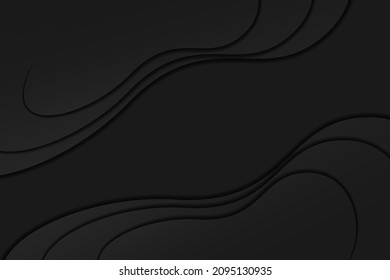 Luxury 3d abstract background. Layered black matte backdrop with wavy elements. Awesome three-dimensional vector illustration with copyspace. Template for business, flyer, wallpaper, brochure