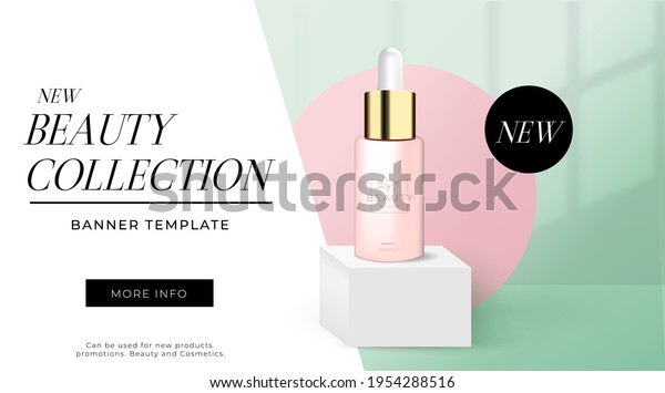 Luxury 3d ad banner template. Skincare or makeup\
pink bottle on white podium with pink and green background.\
Realistic vector illustration for new product launch, summer or\
spring sale, email.