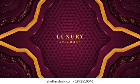 Luxury 3d Background with deep magenta color and golden color shapes, lights, patterns, and glowing effect.	