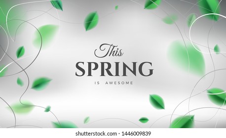 Luxury 3d background with green spring leaves and silver color elegant decoration vector design